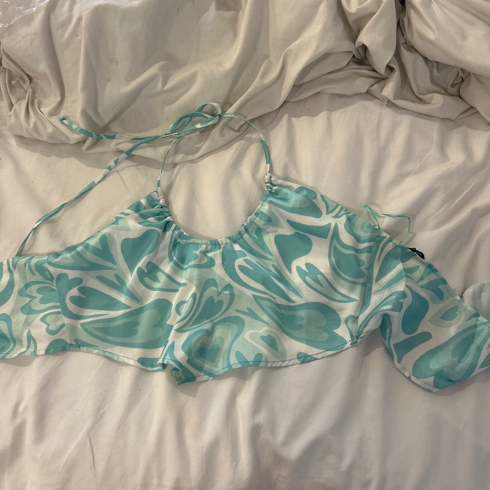 Teal and white halter tie top